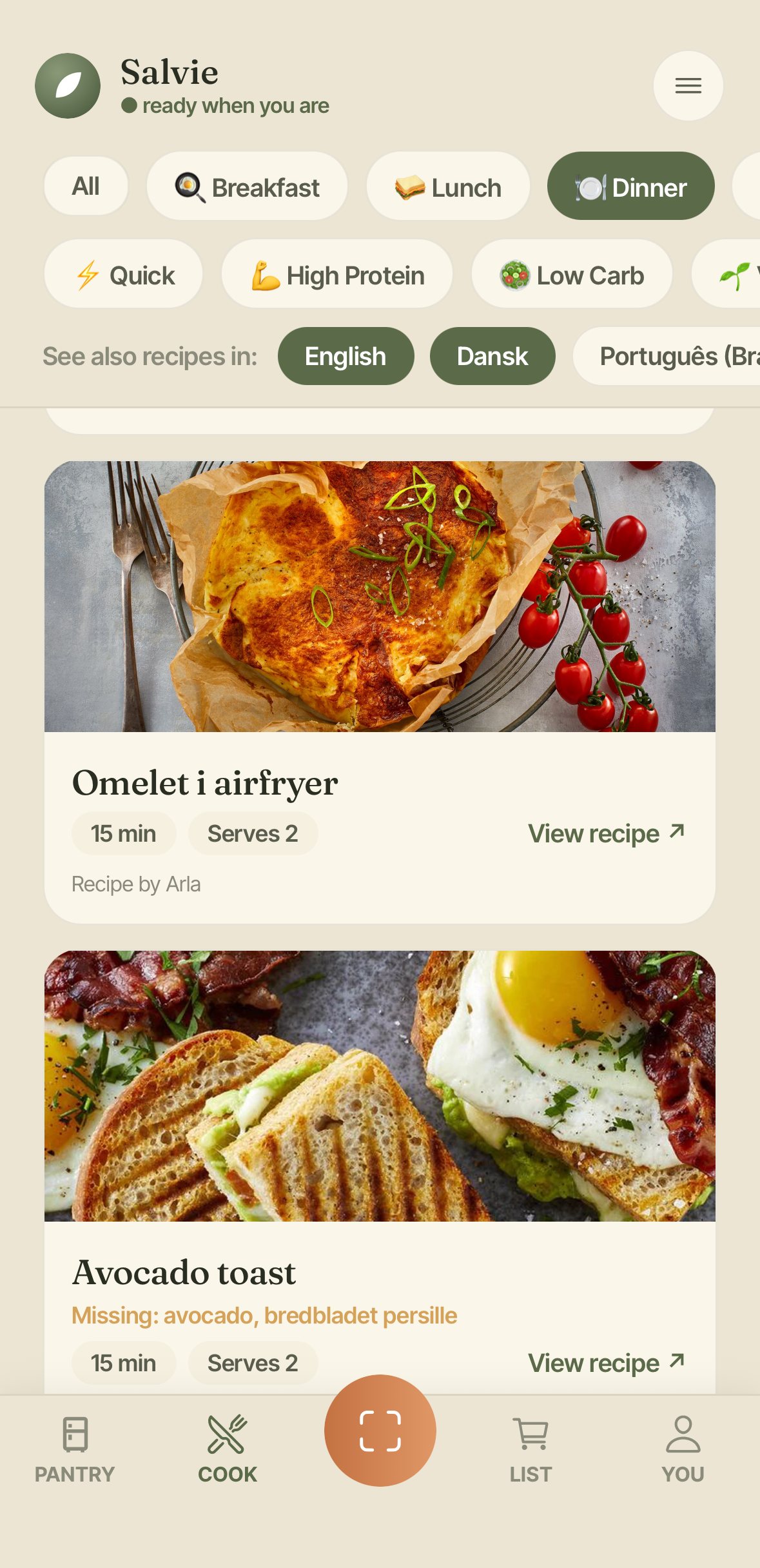Salvie recipe suggestions screen
